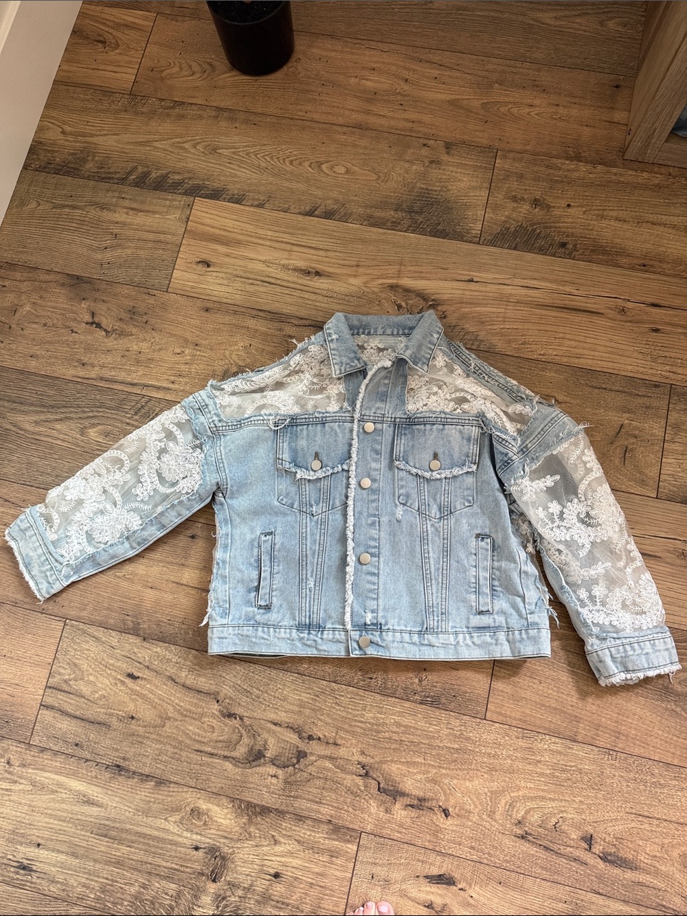 Light Wash Denim Jacket with Sheer Lace Sleeves